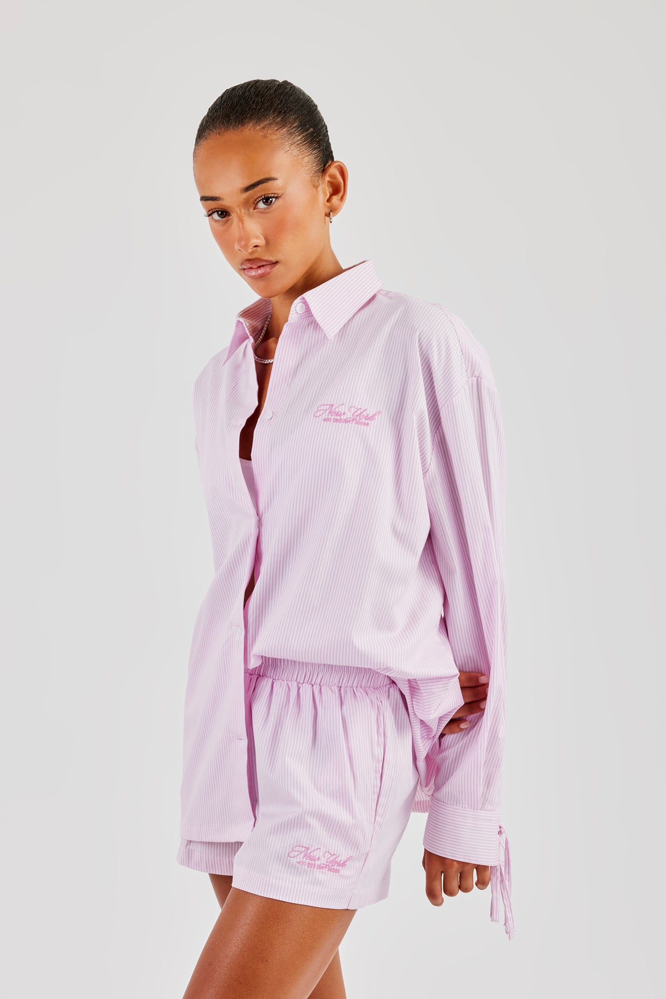 Oversized Stripe Tie Sleeve Shirt - Pink