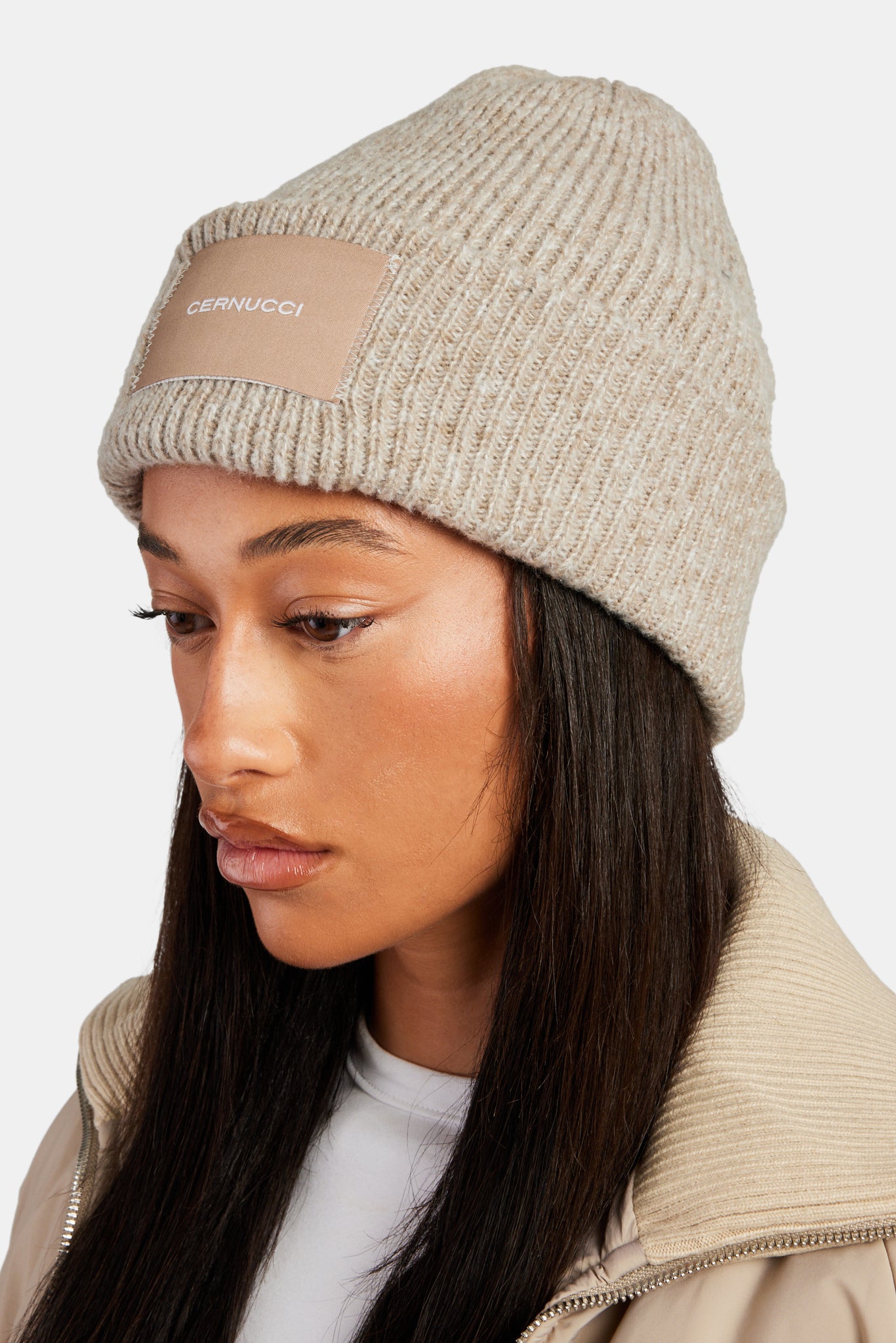 Cernucci Woven Label Beanie - Beige | Womens Accessories | Shop