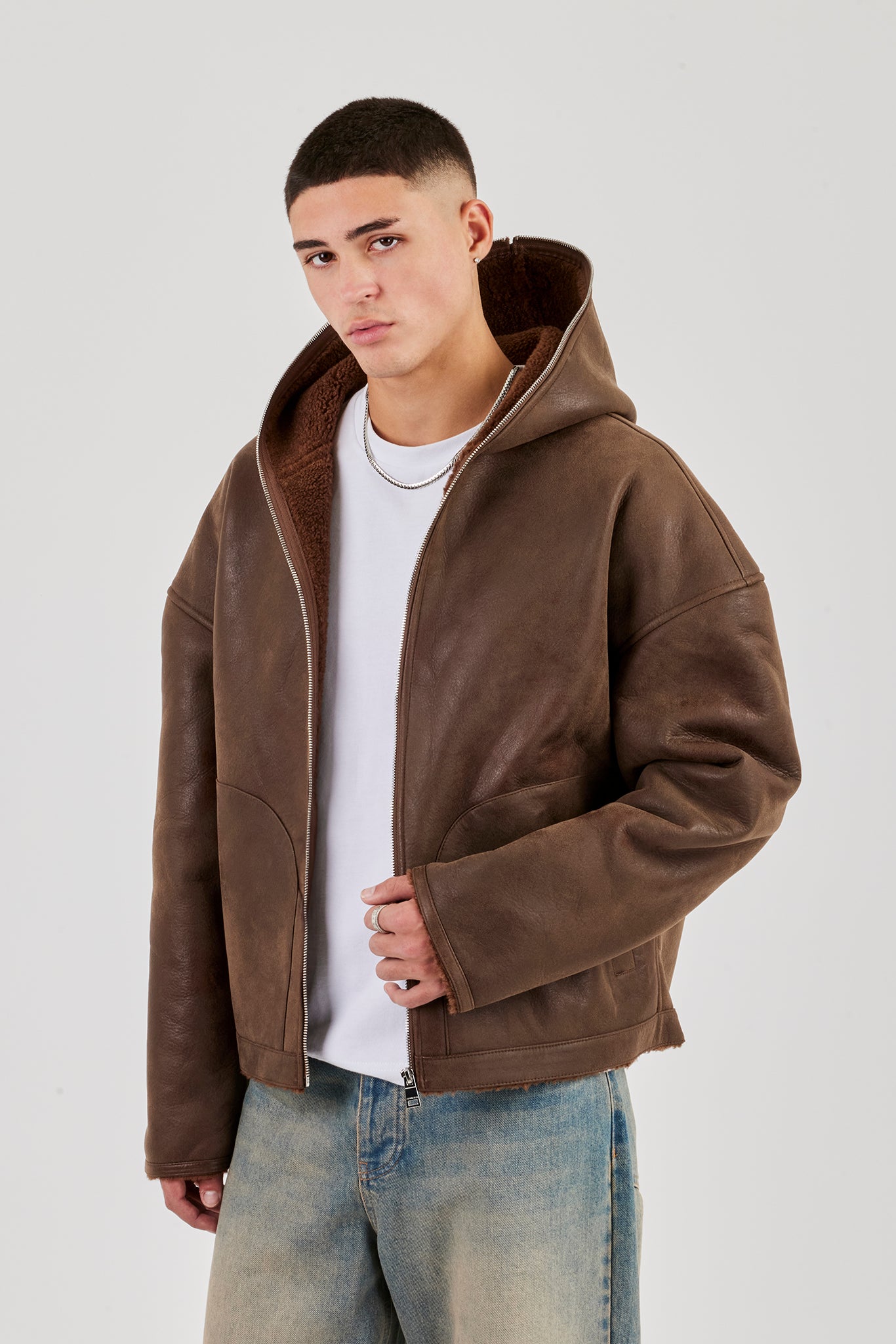 Vintage PU Borg gefütterte Kapuzenjacke - Braun