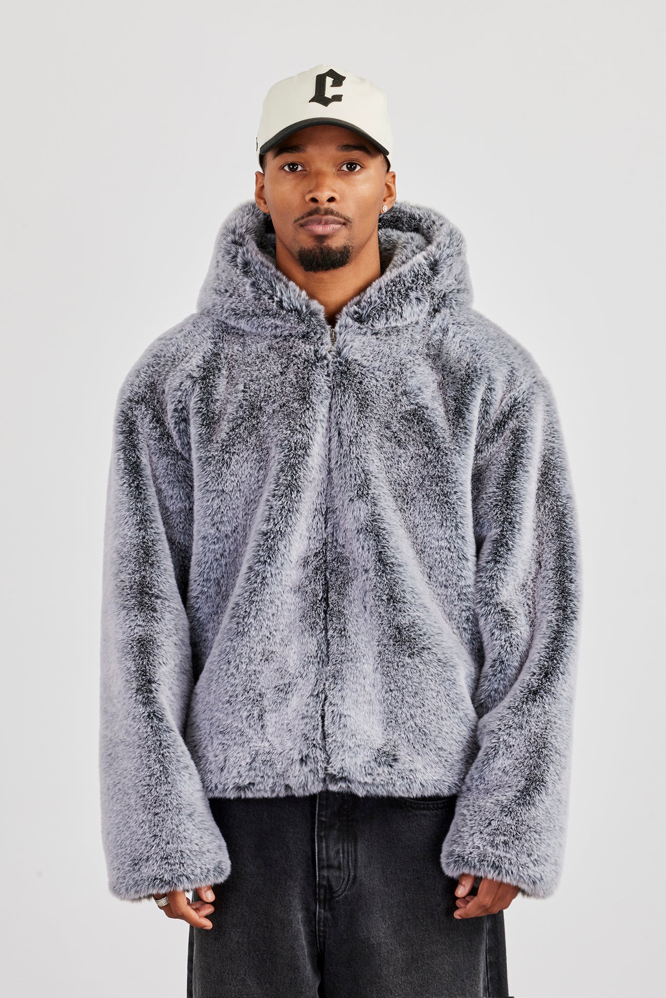 Hooded Fur Jacket - Grey | Mens Outerwear | Shop Puffer Jackets at