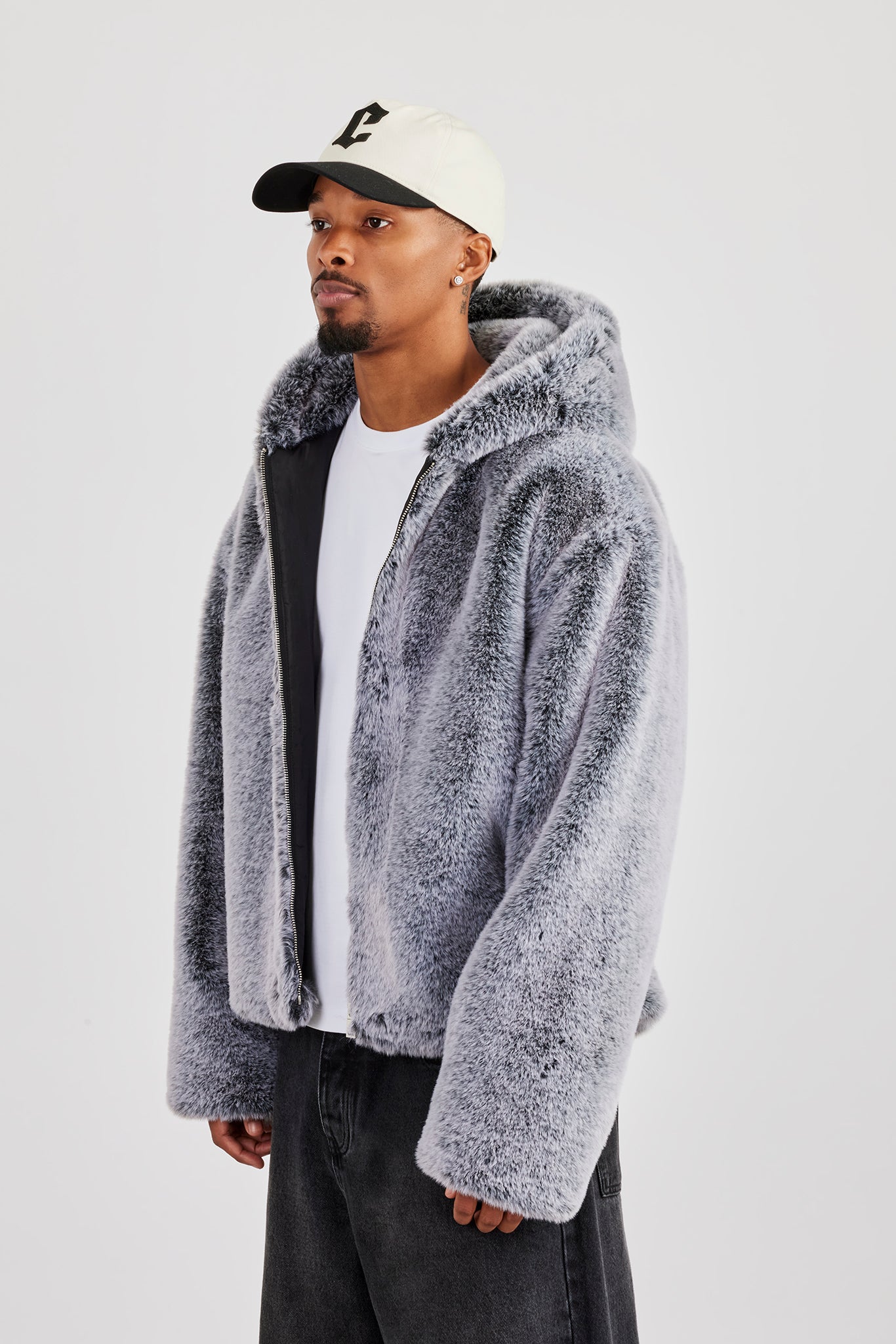 Hooded Fur Jacket - Grey | Mens Outerwear | Shop Puffer Jackets at