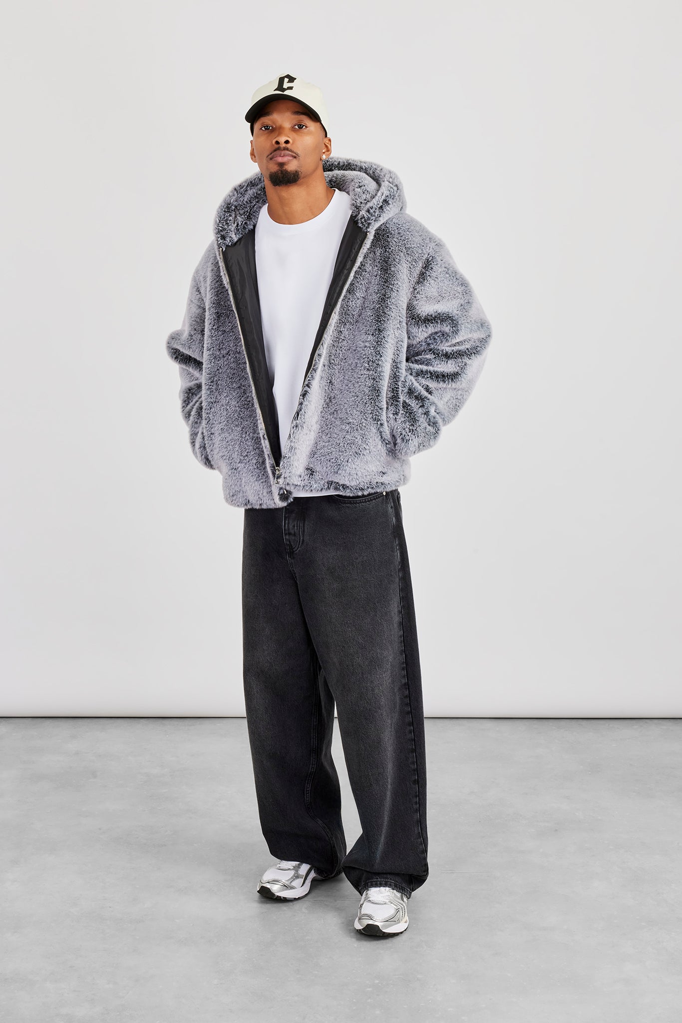 Hooded Fur Jacket - Grey | Mens Outerwear | Shop Puffer Jackets at