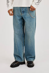 Mens Baggy Jean & 10mm Polished Multi Cross Jean Chain - Antique Wash