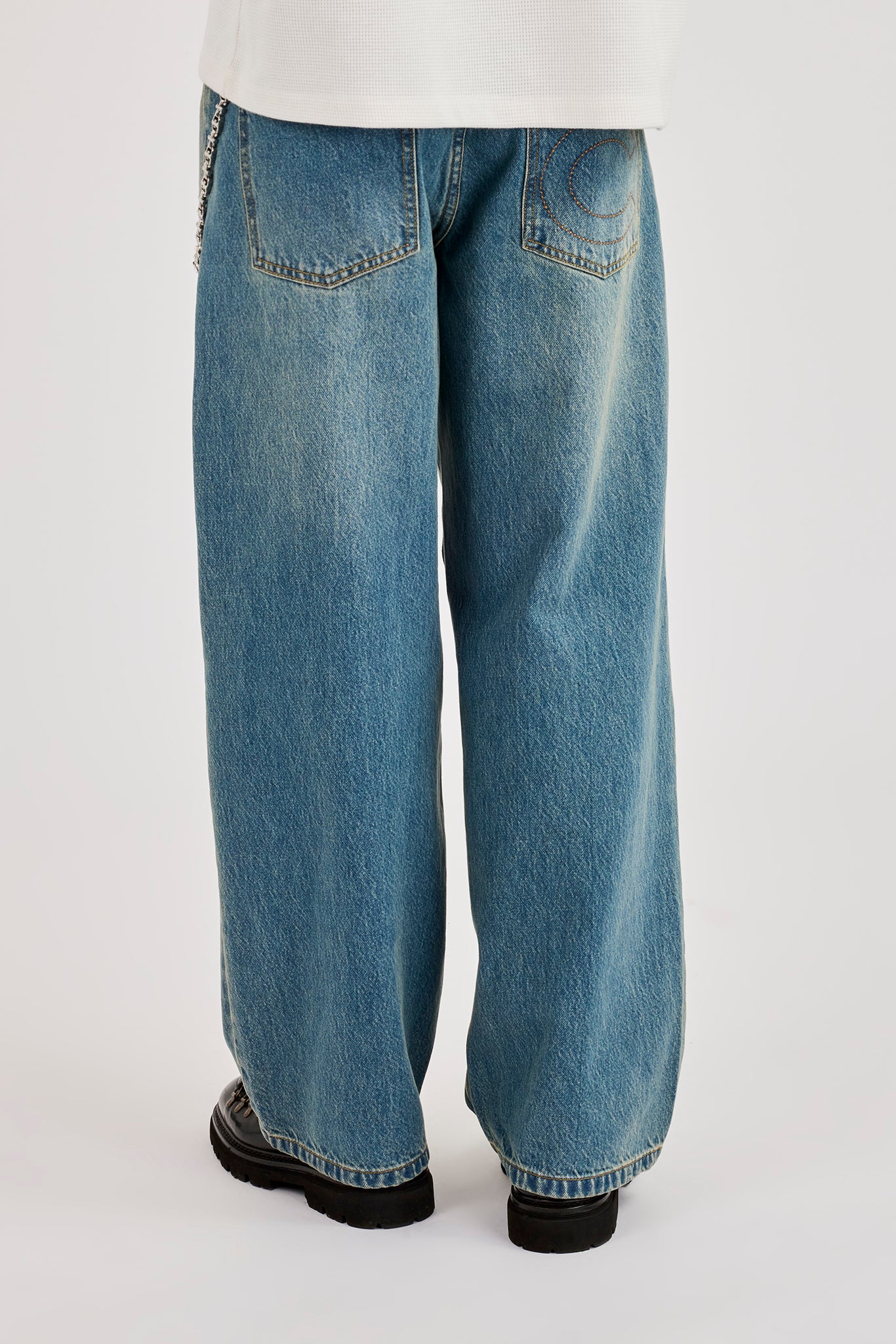 Mens Baggy Jean & 10mm Polished Multi Cross Jean Chain - Antique Wash