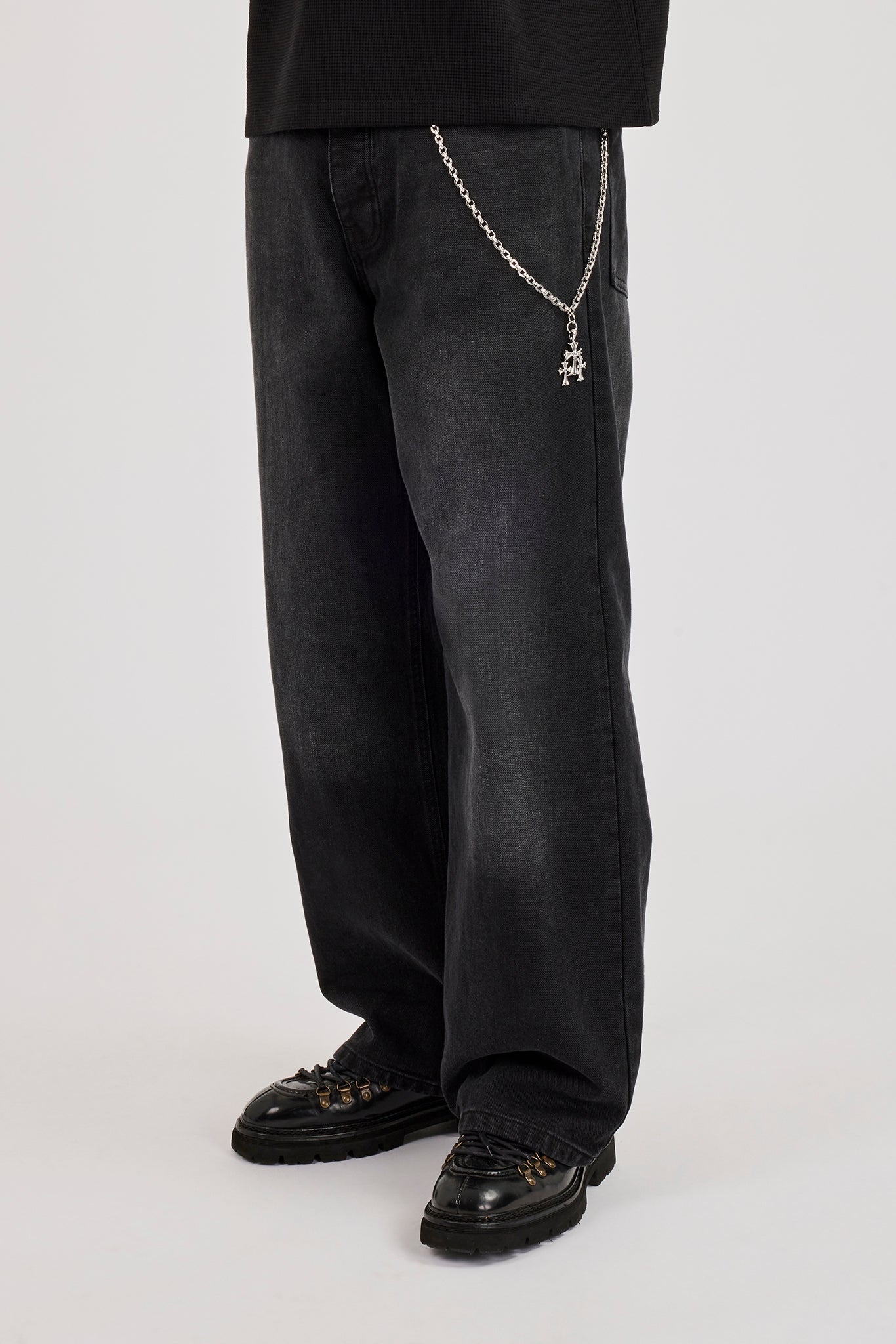 Mens Baggy Jean & 40mm Polished Drop Triple Cross Jean Chain - Washed Black