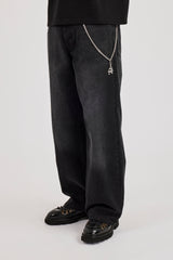Mens Baggy Jean & 40mm Polished Drop Triple Cross Jean Chain - Washed Black