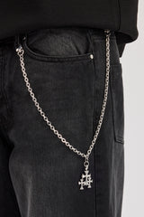 Mens Baggy Jean & 40mm Polished Drop Triple Cross Jean Chain - Washed Black
