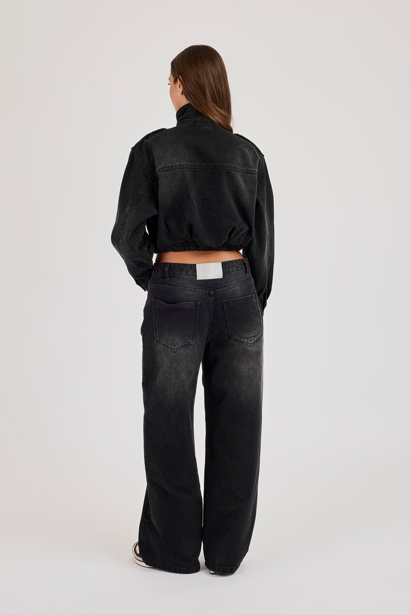 Denim Funnel Neck Jacket & Low Rise Baggy Jean - Washed Black