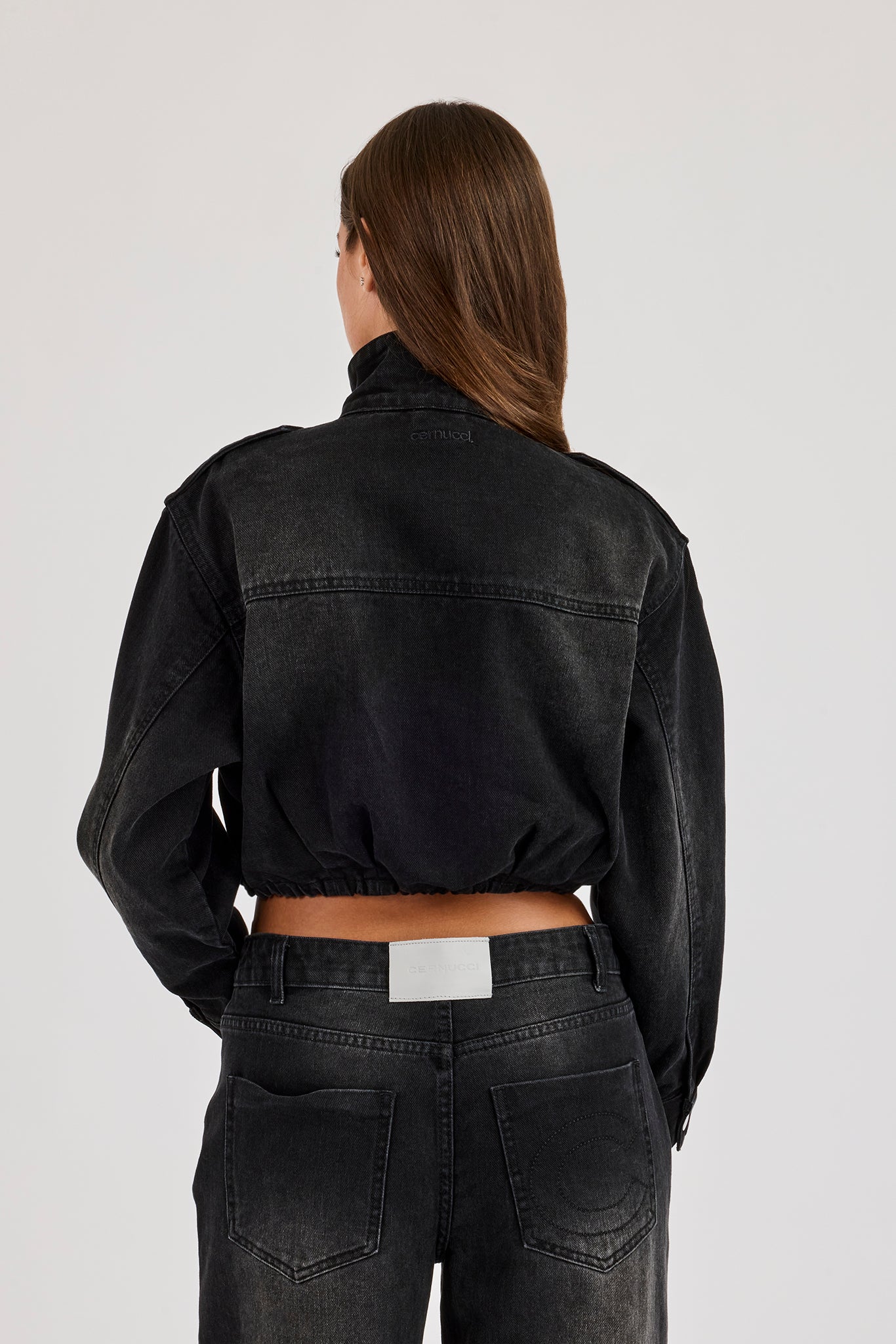 Denim Funnel Neck Jacket - Washed Black