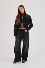 Denim Funnel Neck Jacket & Low Rise Baggy Jean - Washed Black
