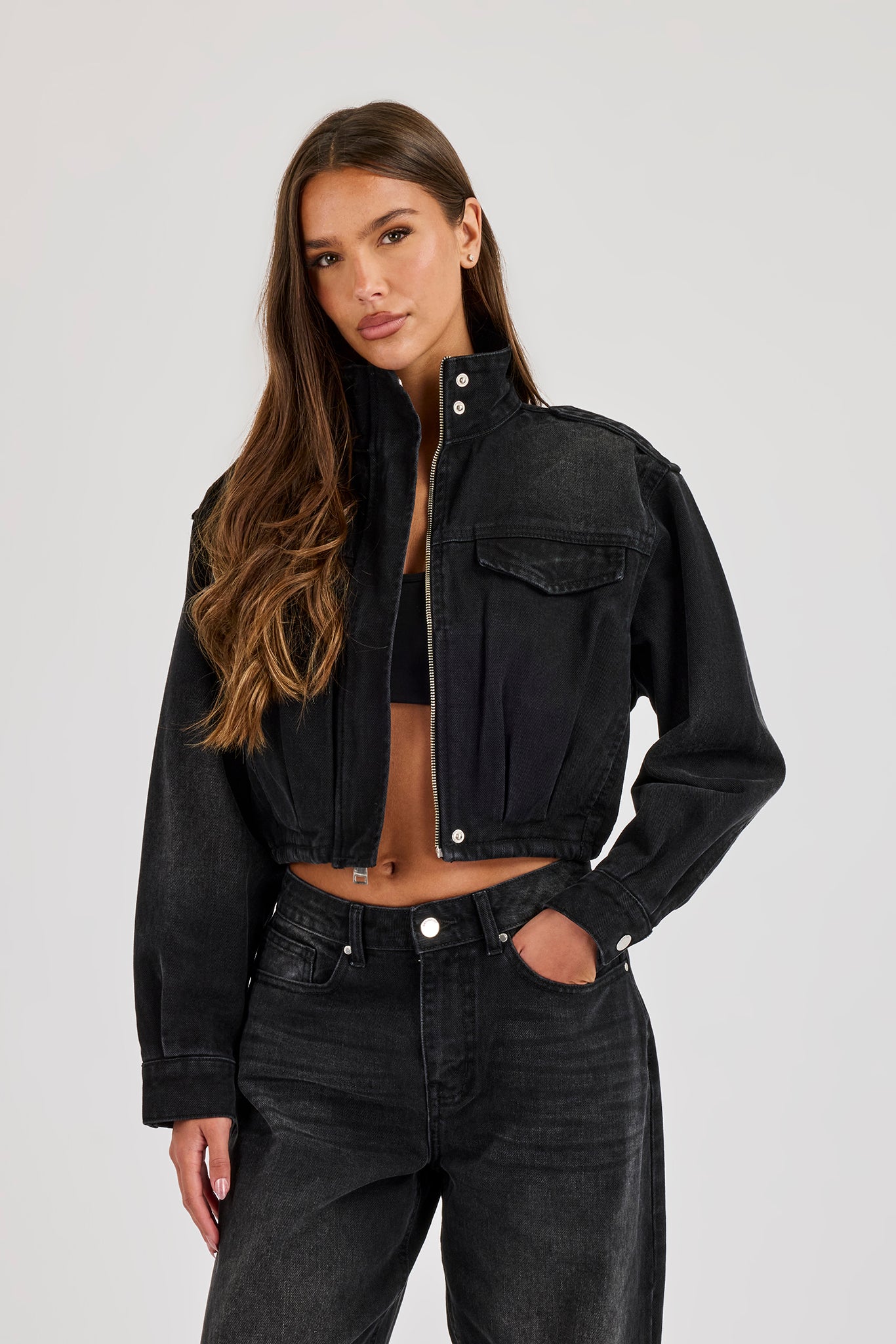 Denim Funnel Neck Jacket - Washed Black
