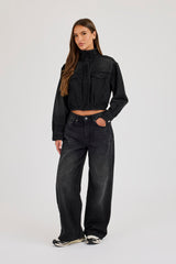 Denim Funnel Neck Jacket & Low Rise Baggy Jean - Washed Black