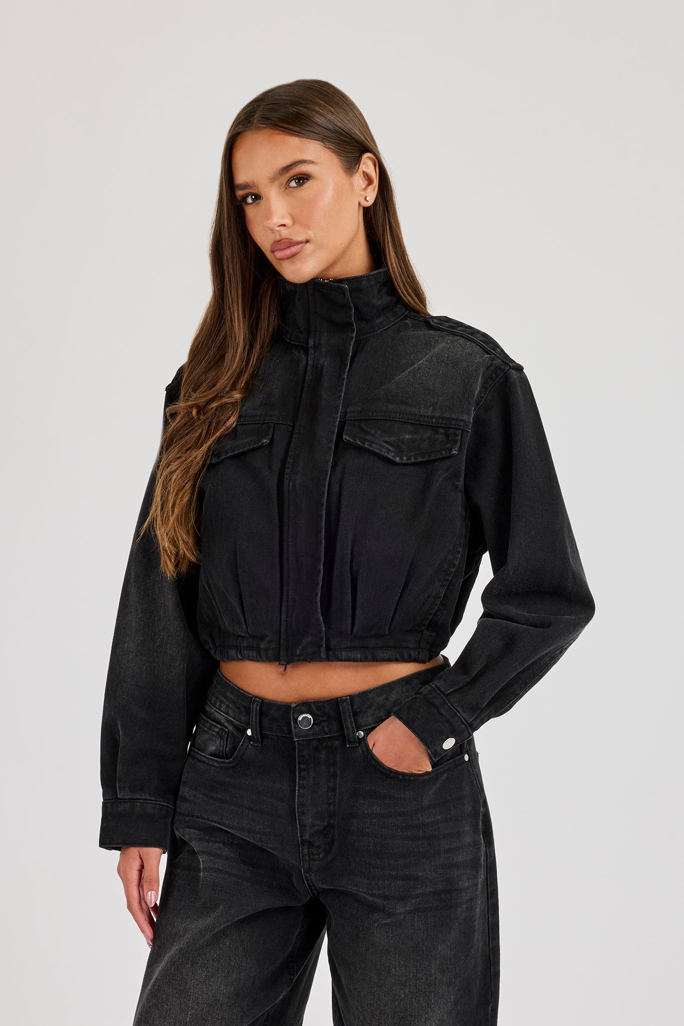 Denim Funnel Neck Jacket - Washed Black