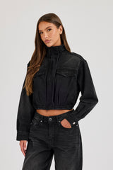 Denim Funnel Neck Jacket - Washed Black
