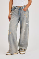 Distressed Paint Splatter Baggy Jean - Antique Wash