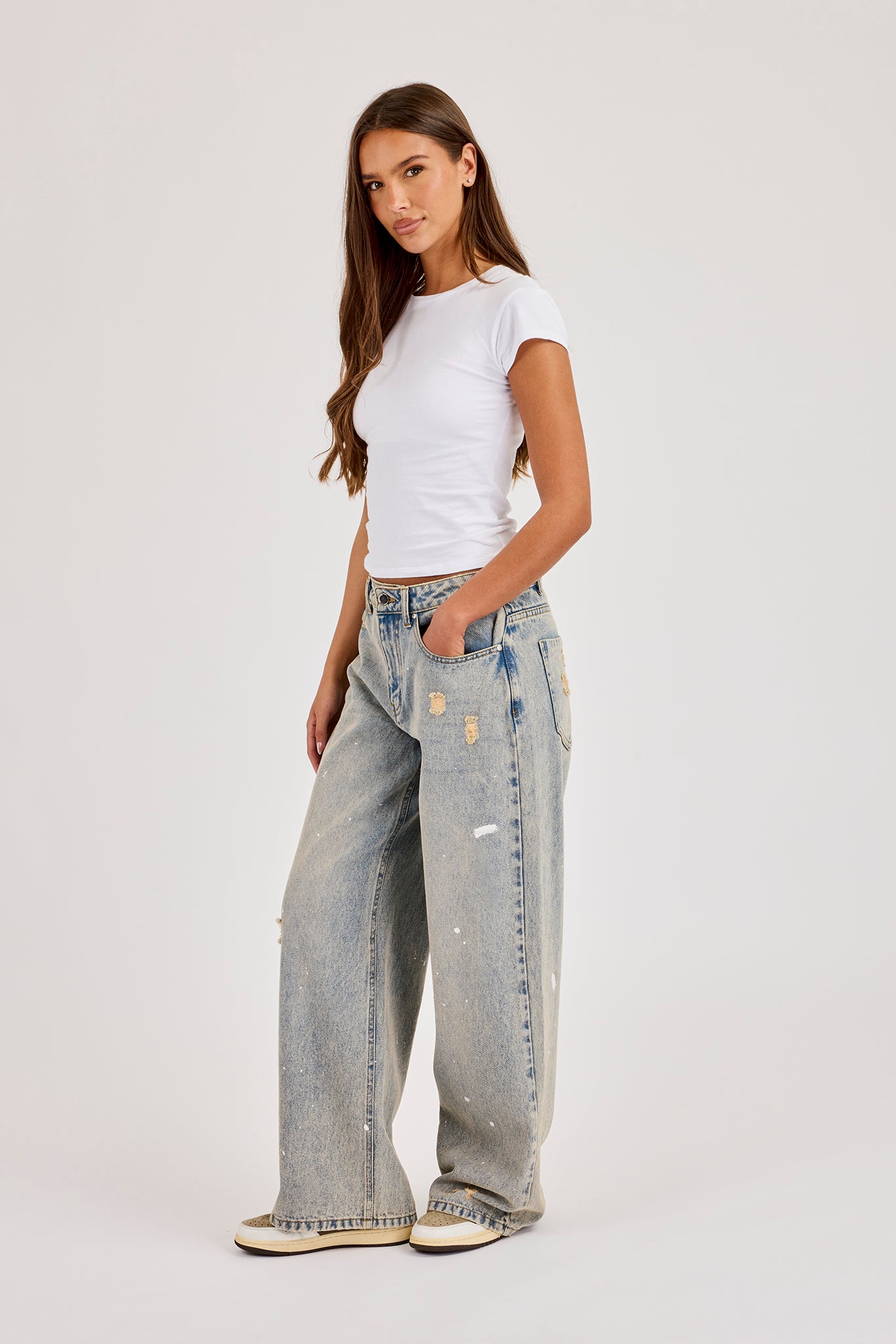 Distressed Paint Splatter Baggy Jean - Antique Wash
