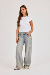 Distressed Paint Splatter Baggy Jean - Antique Wash
