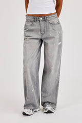 Paint Splatter Distressed Baggy Jean - Washed Grey