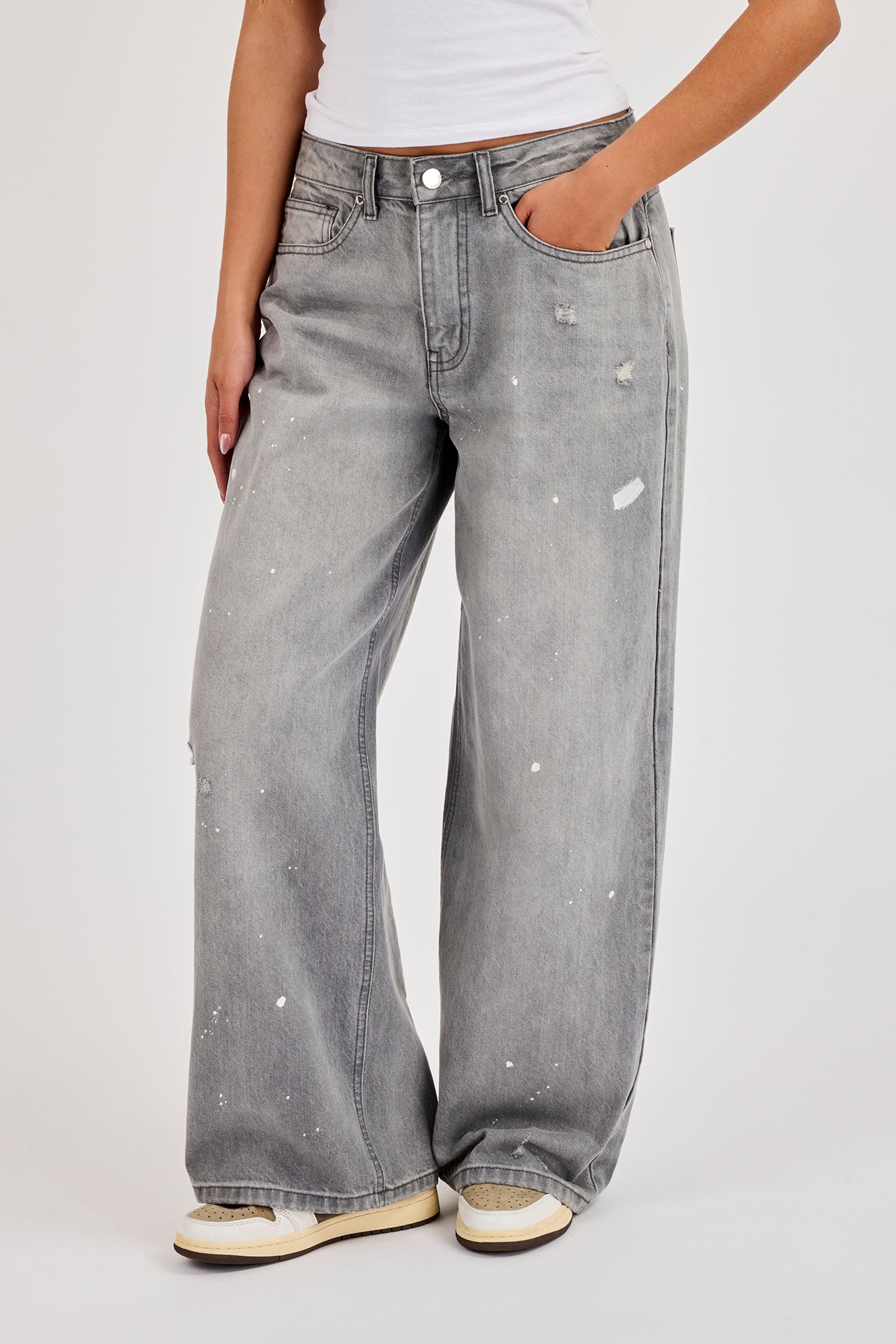 Paint Splatter Distressed Baggy Jean - Washed Grey