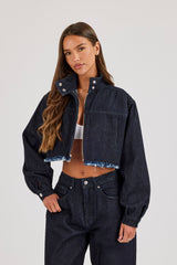 Super Crop Funnel Neck Denim Jacket - Indigo