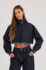 Super Crop Funnel Neck Denim Jacket - Indigo