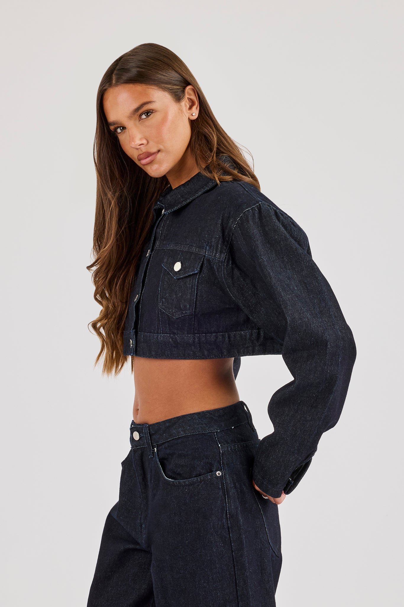 Cropped Shoulder Pad Denim Jacket - Indigo