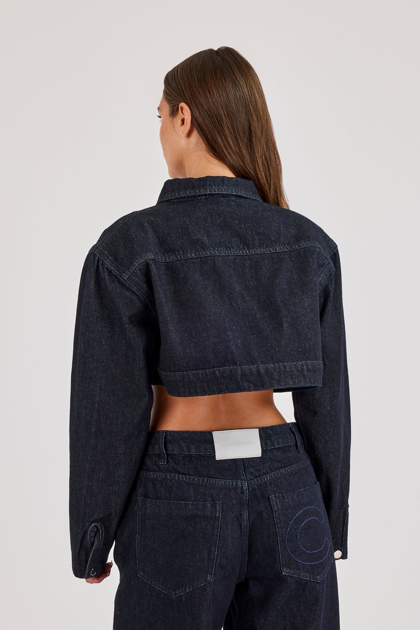 Cropped Shoulder Pad Denim Jacket - Indigo