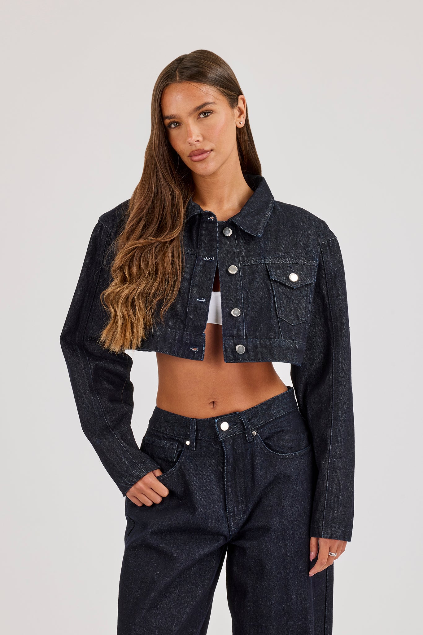 Super Crop Shoulder Pad Denim Jacket - Indigo