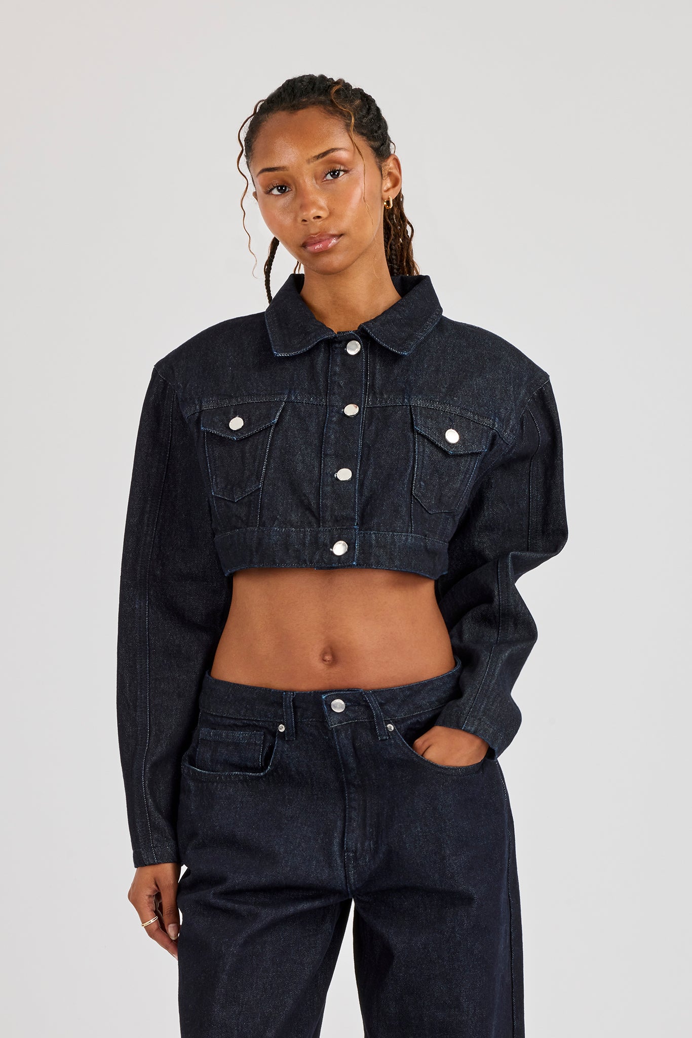 Super Crop Shoulder Pad Denim Jacket - Indigo
