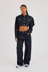 Super Crop Shoulder Pad Denim Jacket - Indigo