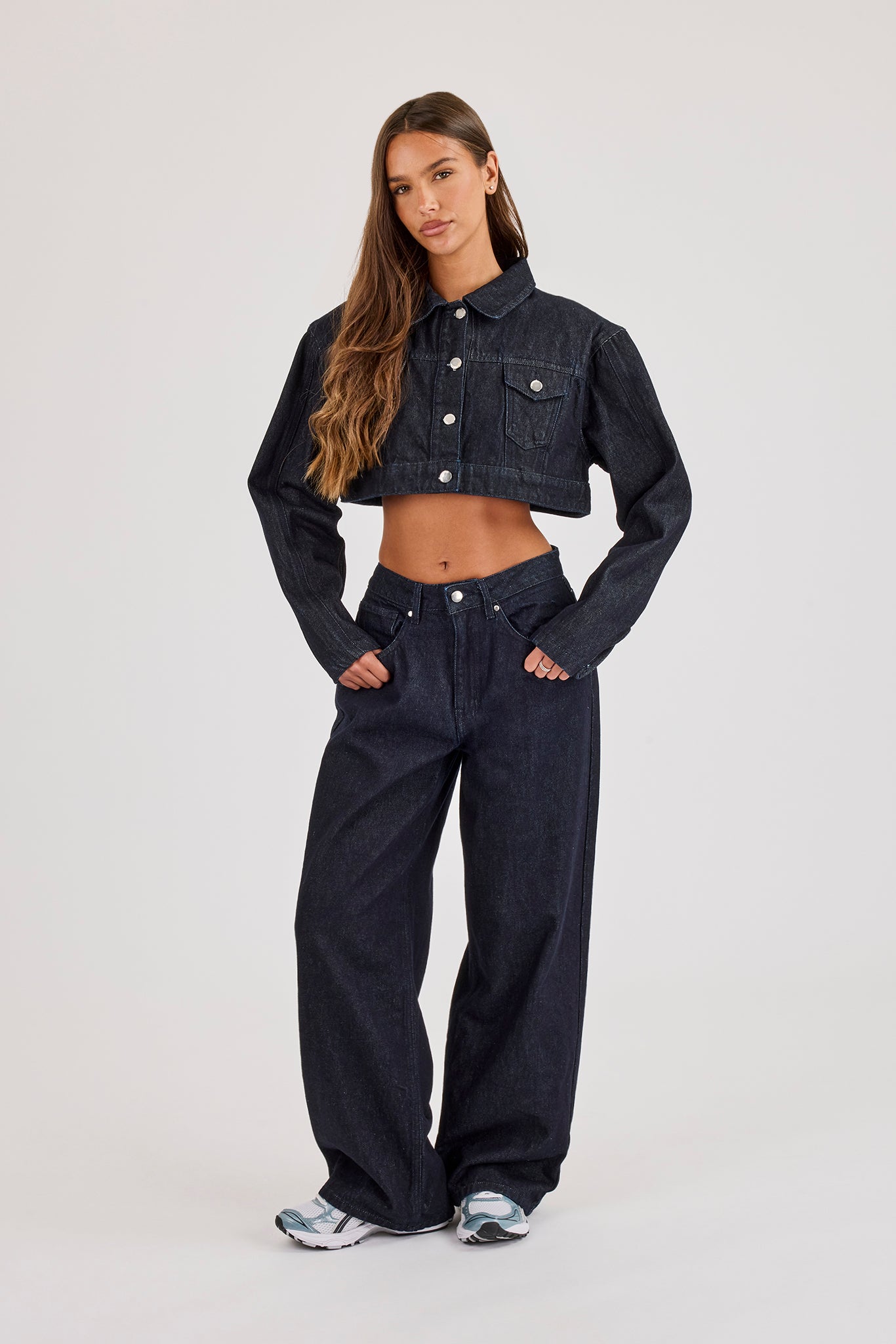 Cropped Shoulder Pad Denim Jacket & Jean - Indigo