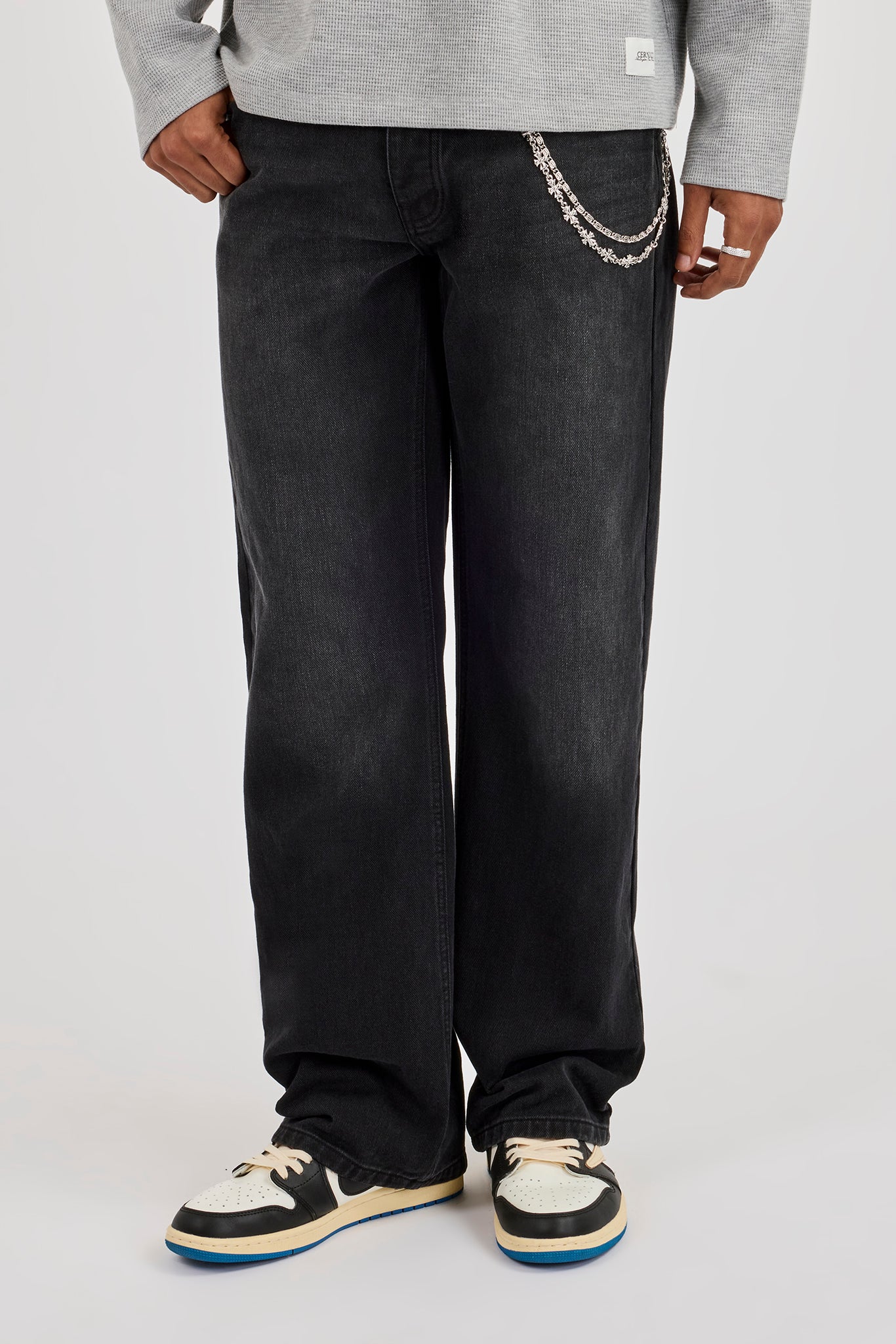 Mens Relaxed Jean & 10mm Polished Double Layer Cross Motif Jean Chain - Washed Black