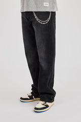 Mens Relaxed Jean & 10mm Polished Double Layer Cross Motif Jean Chain - Washed Black