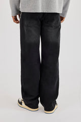 Mens Relaxed Jean & 10mm Polished Double Layer Cross Motif Jean Chain - Washed Black
