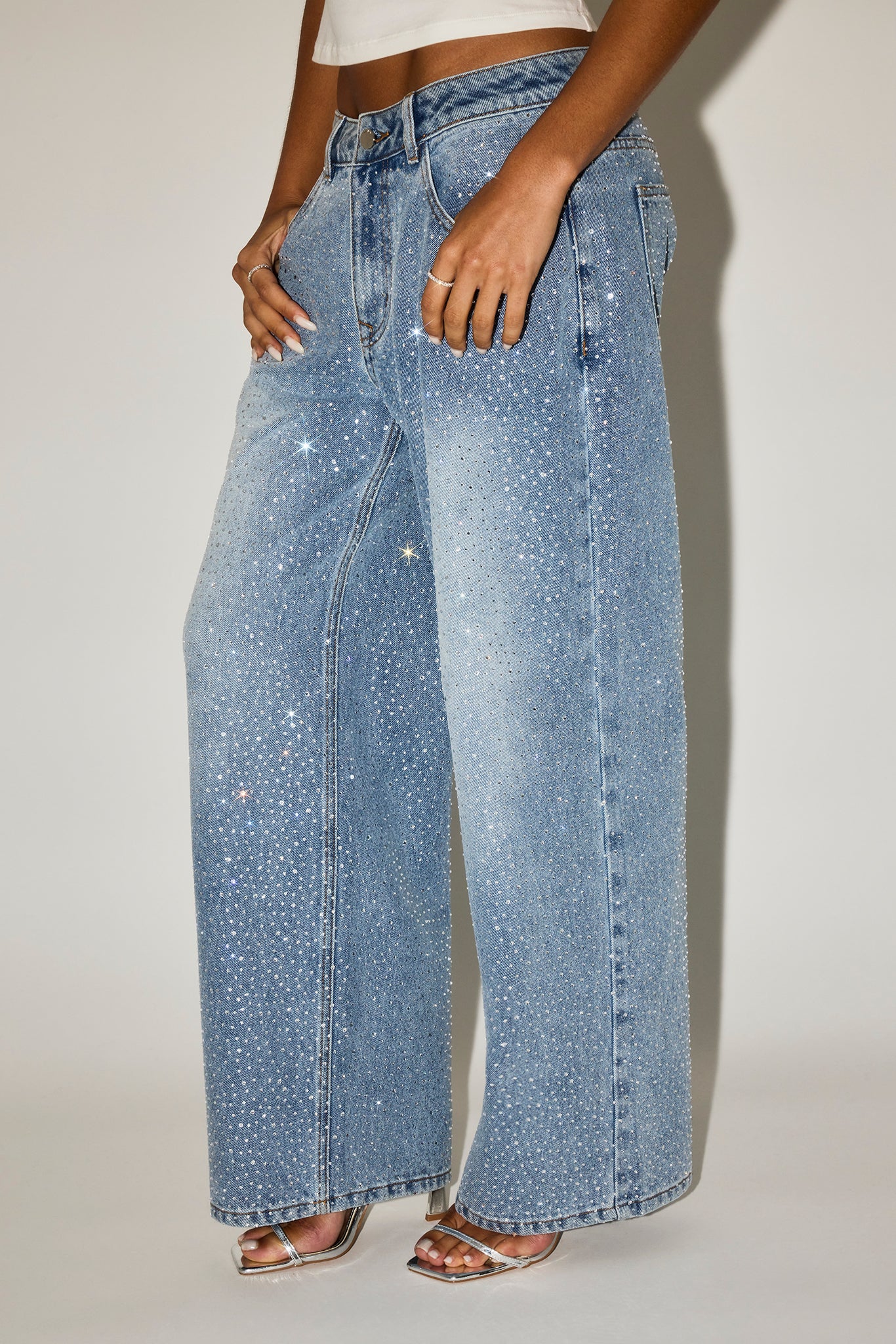 Rhinestone Baggy Low Rise Jean - Light Blue