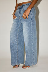 Rhinestone Baggy Low Rise Jean - Light Blue