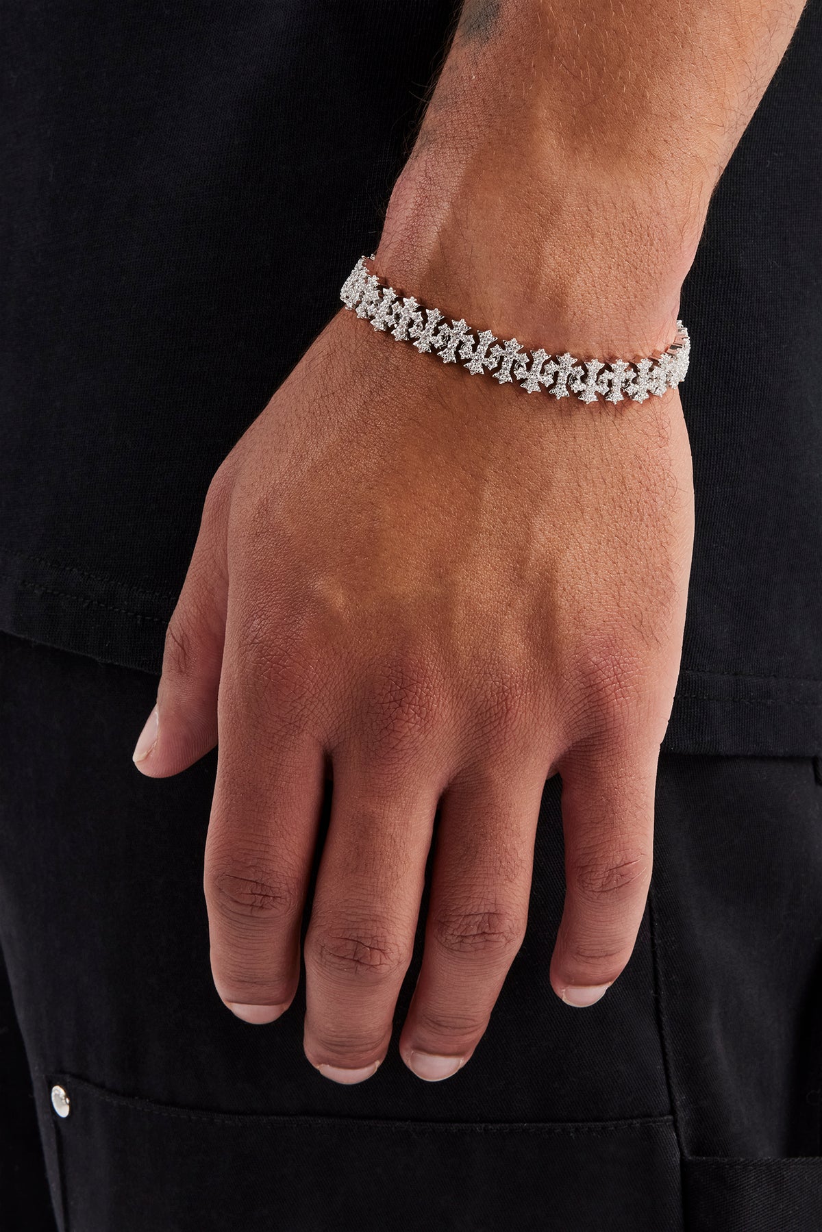 10mm Iced Alternating Cross Bracelet - White | Mens Bracelets 