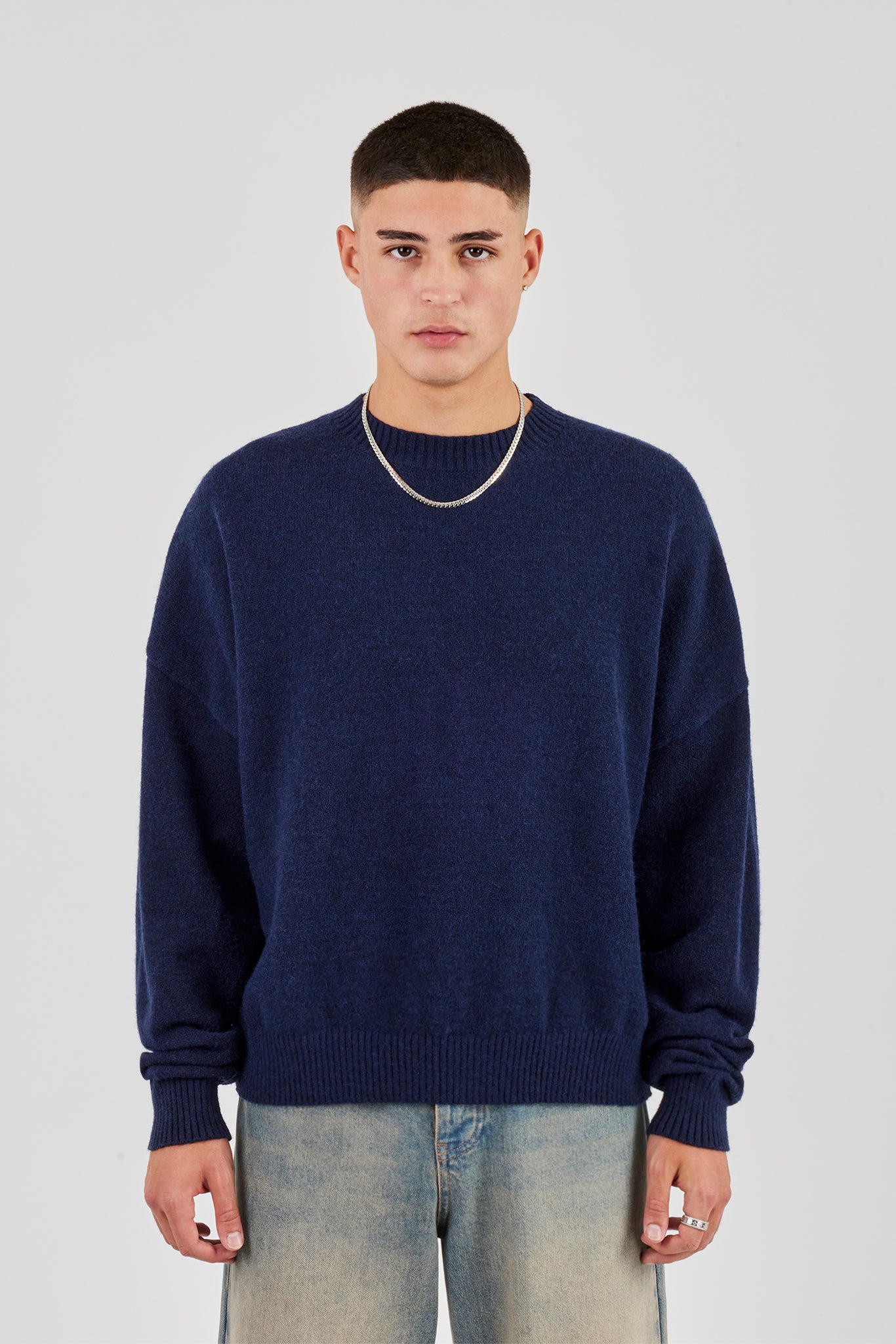 Fluffy Cernucci Intarsia Knitted Sweater - Navy Blue | Mens