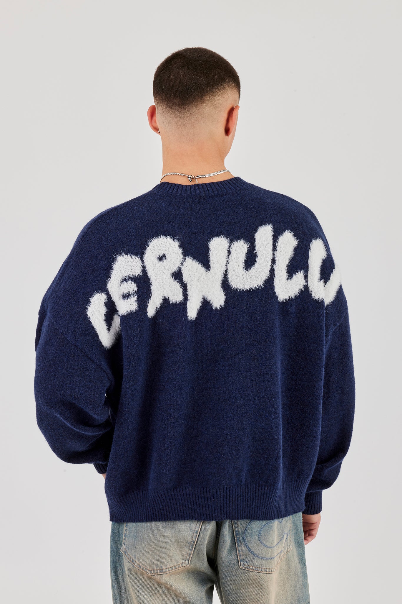 Fluffy Cernucci Intarsia Knitted Sweater - Navy Blue