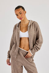 Knitted Zip Through Hoodie With Contrast Tipping - Taupe