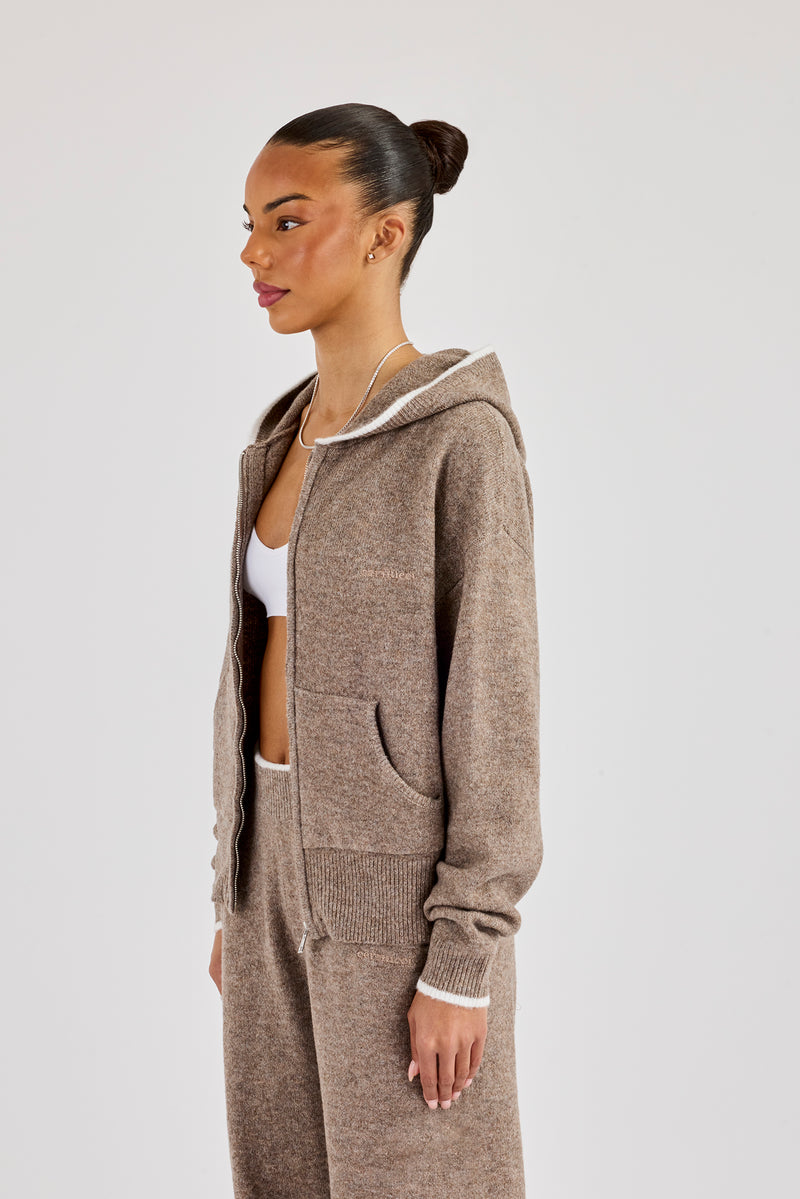 Knitted Zip Through Hoodie With Contrast Tipping - Taupe