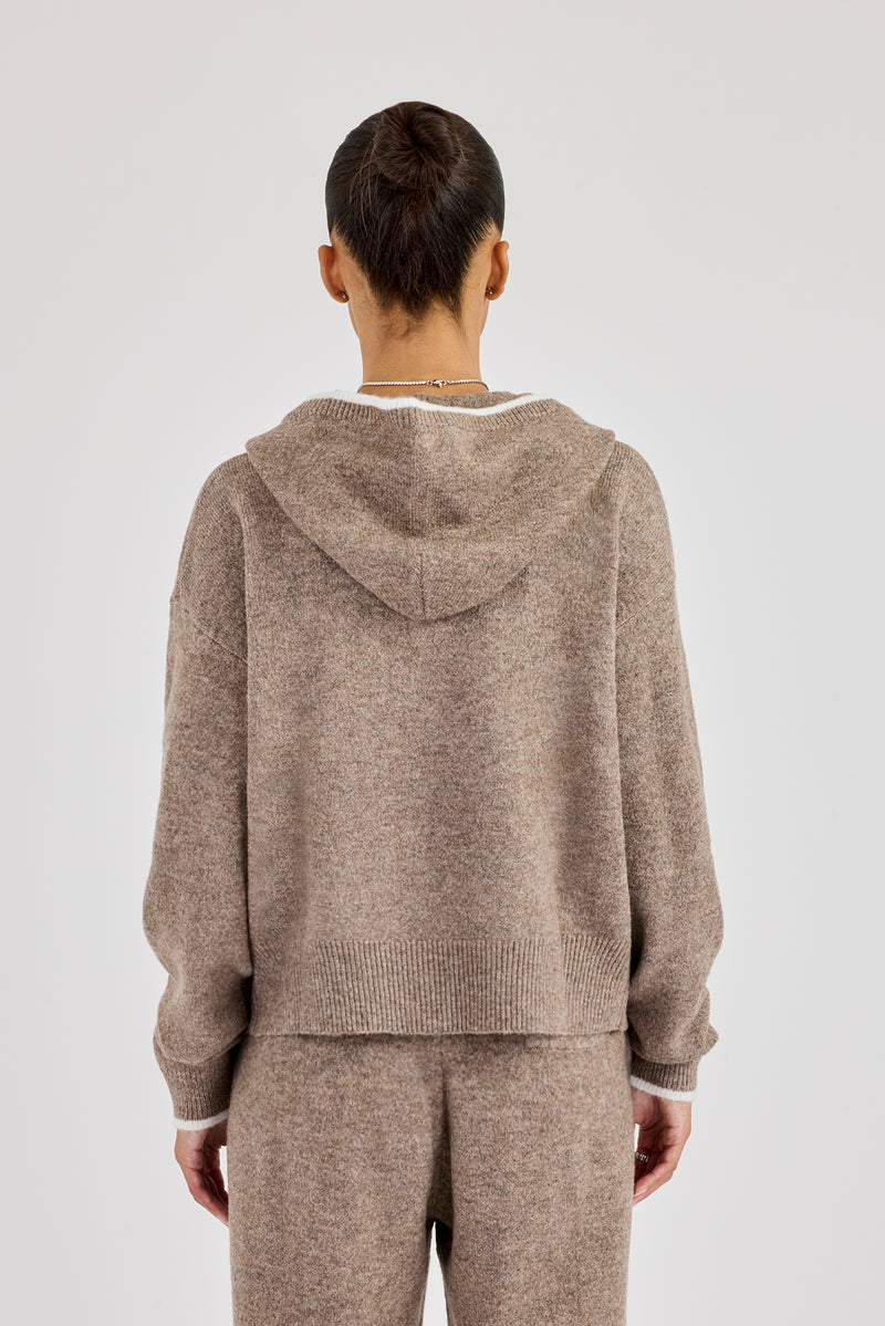 Knitted Zip Through Hoodie With Contrast Tipping - Taupe