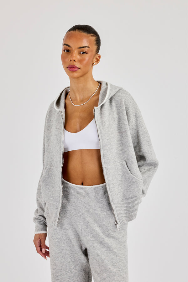 Knitted Zip Through Hoodie With Contrast Tipping - Grey
