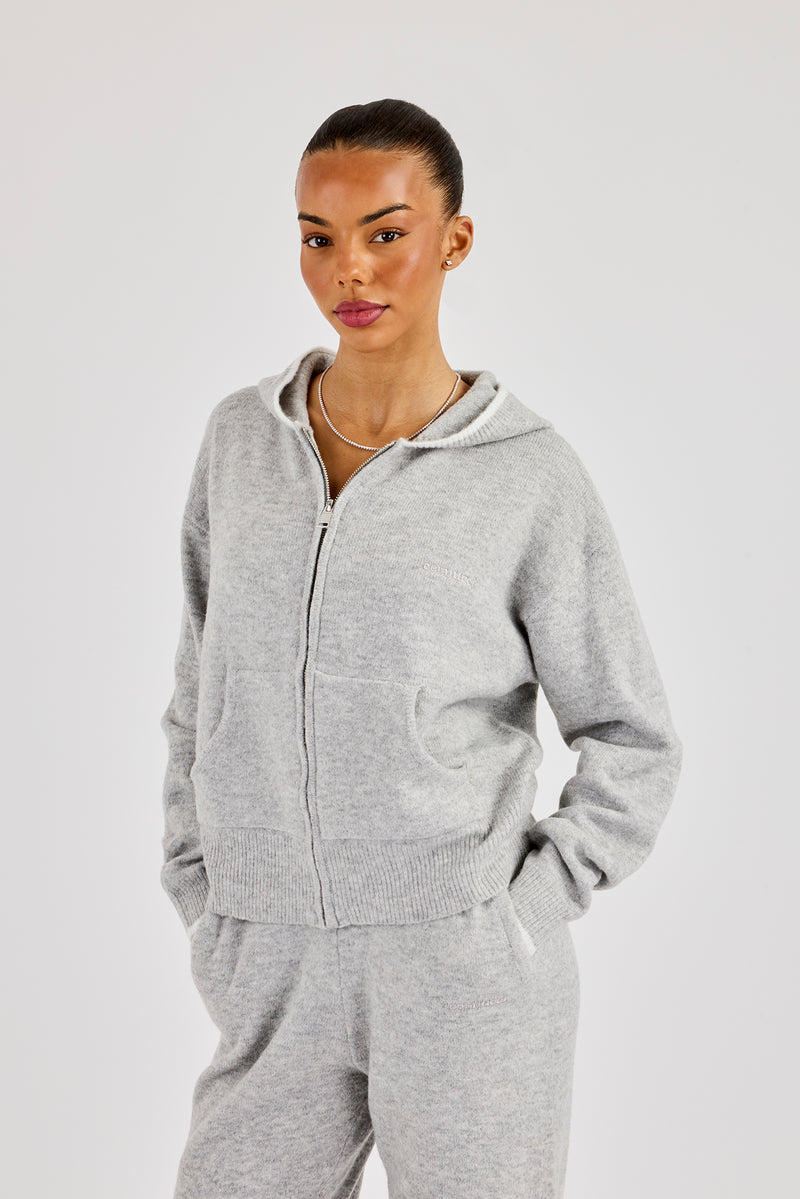 Knitted Zip Through Hoodie With Contrast Tipping - Grey