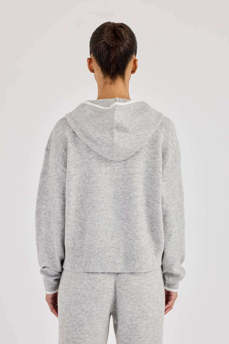 Knitted Zip Through Hoodie With Contrast Tipping - Grey