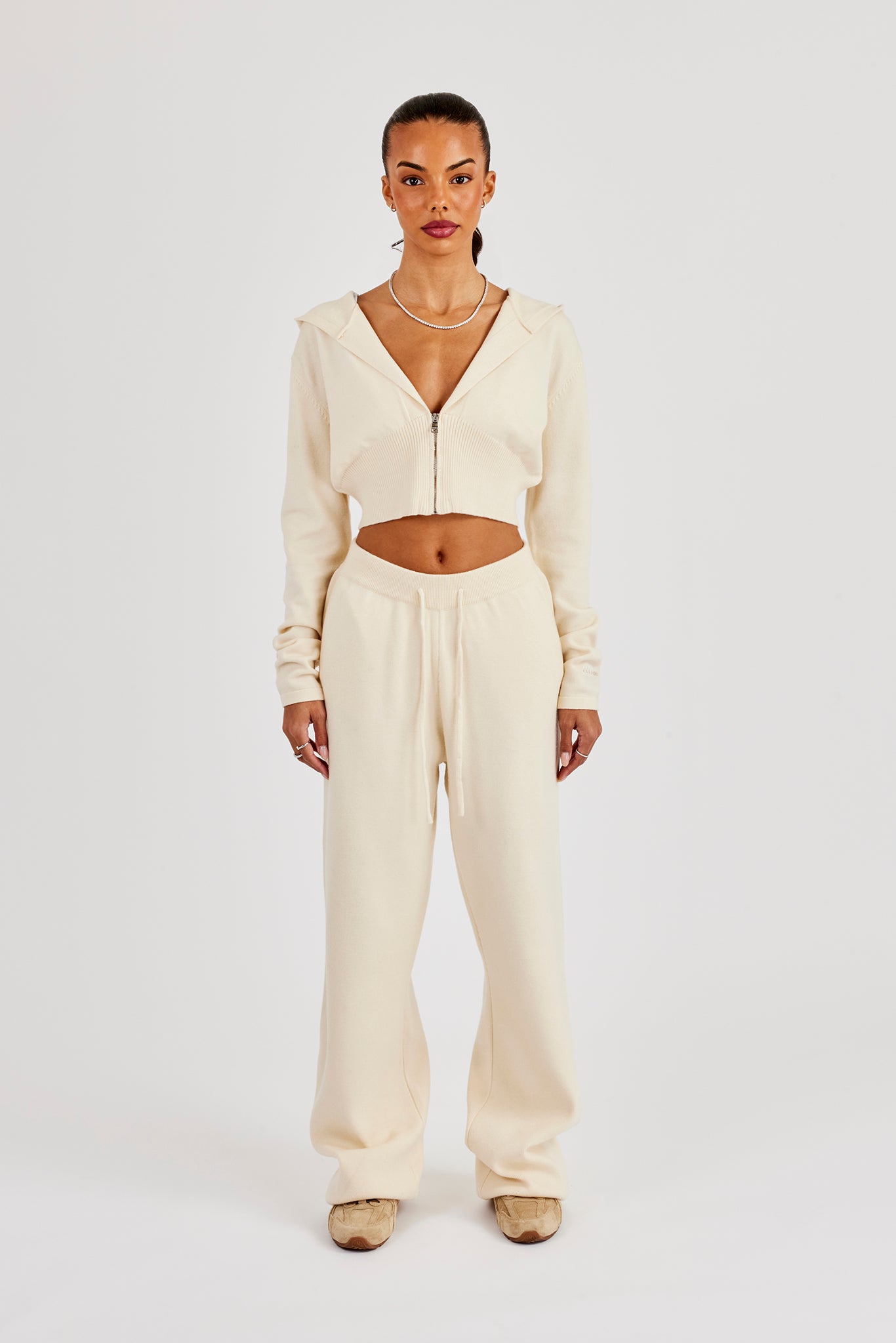 Cropped Knit Zip Hoodie & Jogger - Cream