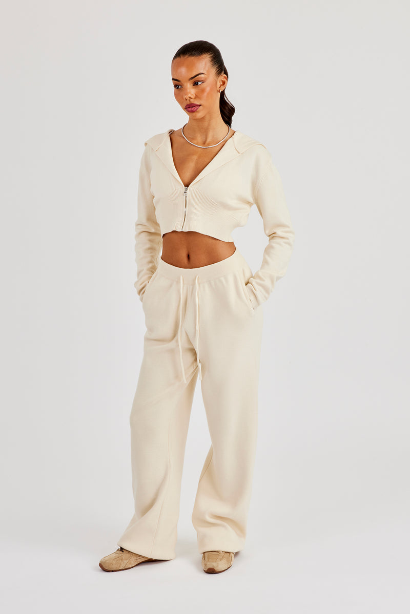 Cropped Knit Zip Hoodie & Jogger - Cream
