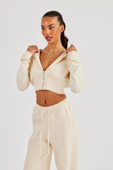 Kurzer Strick-Kapuzenpullover mit Reißverschluss - Creme