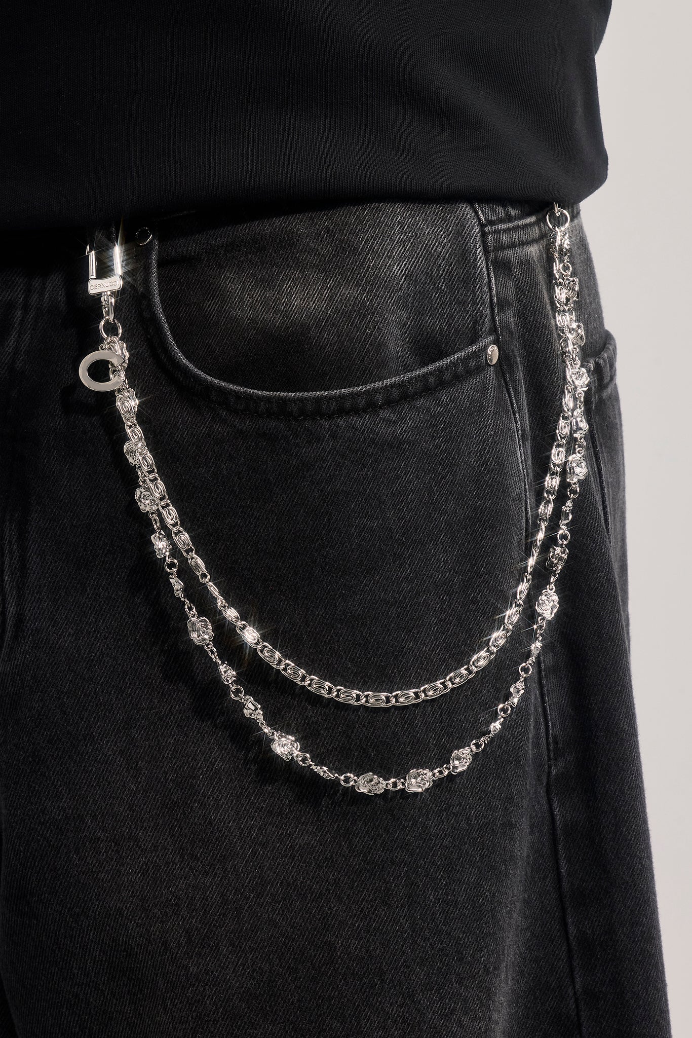 C Branded Double Layer Rose Motif Jean Chain - 10mm - White