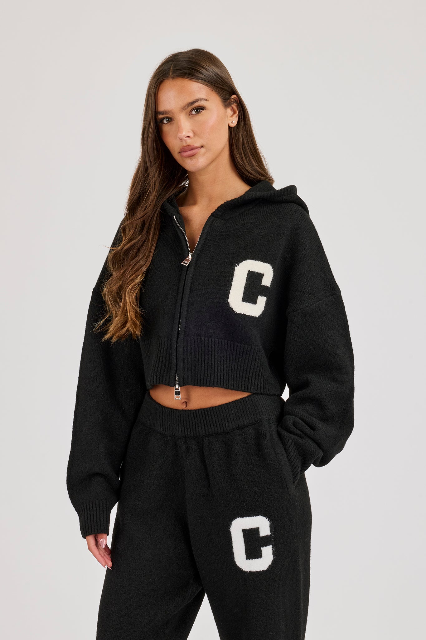 C Intarsia Cropped Zip Through Knitted Hoodie - Black